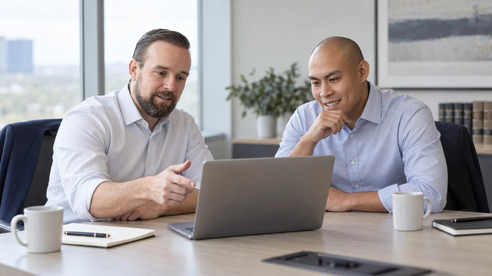 Two attorneys at a conference table reviewing unbilled time together on a laptop.